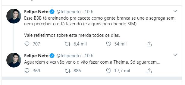 Felipe Neto comenta racismo no BBB20