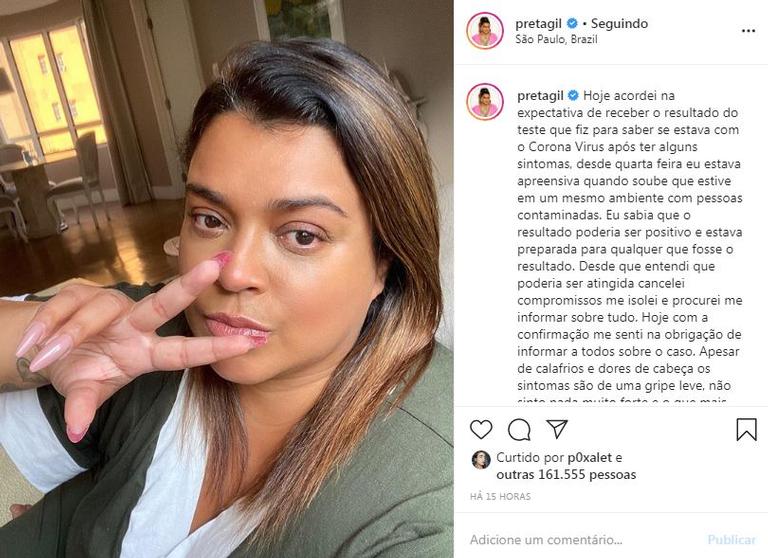 Preta Gil comenta sobre coronavírus após ser diagnosticada com a doença