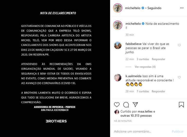  Michel Teló publicou uma nota de esclarecimento falando do cancelamento de seus próximos shows