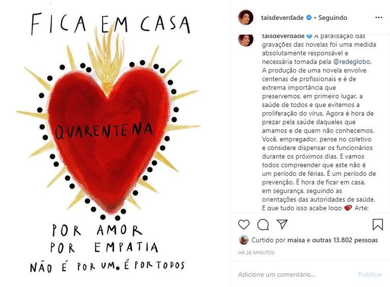 Taís Araujo comenta paralisação das gravações da novela