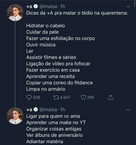 Maisa faz lista de atividades para curtir a quarentena