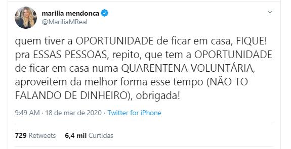 Marilia Mendonça sobre quarentena