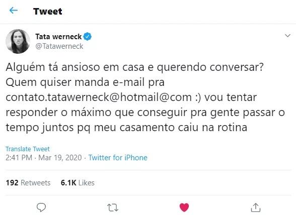 Tatá Werneck divulga e-mail para conversar com fãs durante quarentena