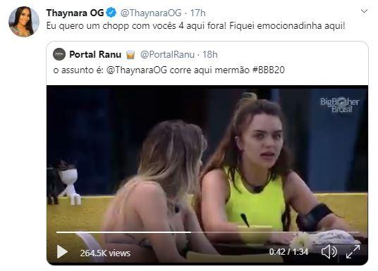 Thaynara OG se emociona ao ver sisters do BBB falando dela