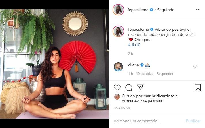 Doente, Fe Paes Leme posa meditando e agradece os seguidores