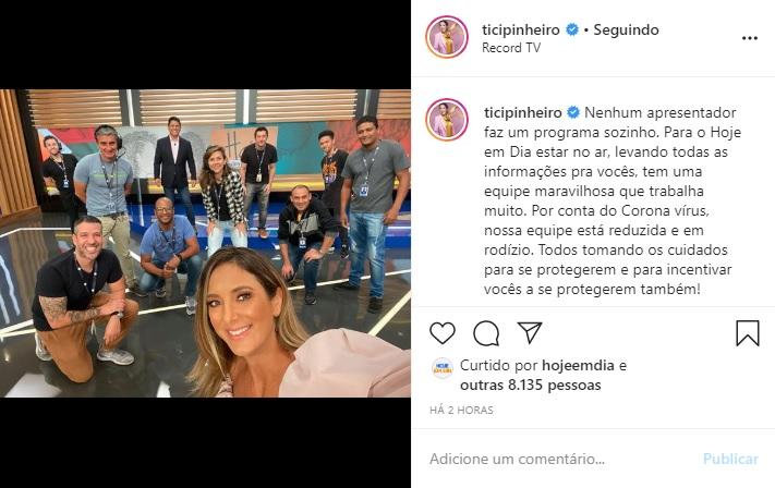 Ticiane Pinheiro usa as redes para agradecer sua equipe