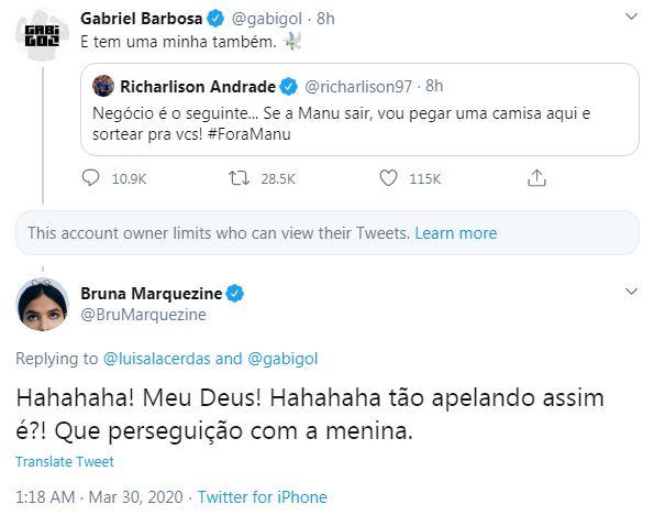 Bruna Marquezine defende Manu e responde Gabigol após o jogador pedir a eliminação da sister