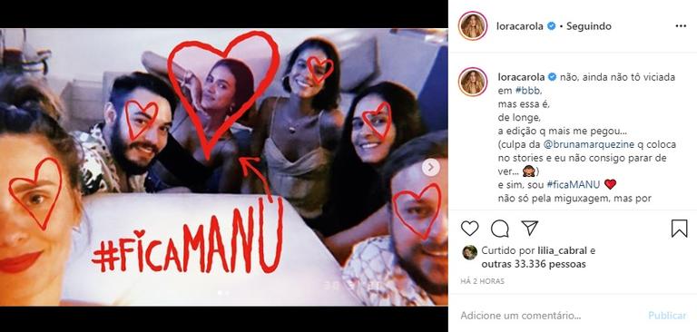 Carol Dieckmann se posiciona sobre o BBB20 e torce para Manu