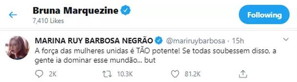 Marina Ruy Barbosa recebe curtida de Bruna Marquezine em post feminista