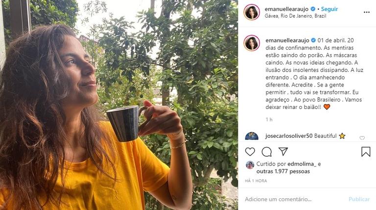 Emanuelle Araújo faz reflexão sobre isolamento