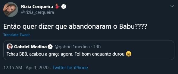 Rízia Cerqueira responde comentário de Medina sobre BBB