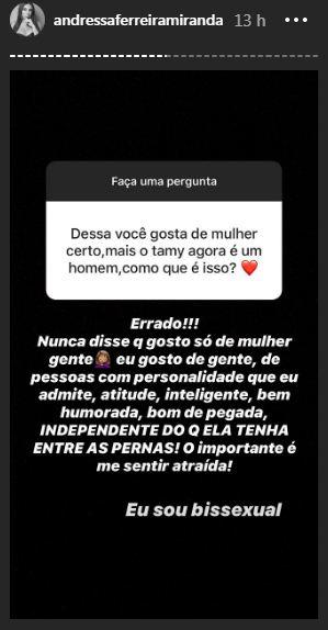 Andressa Ferreira esclarece sobre sua sexualidade e diz que é bissexual