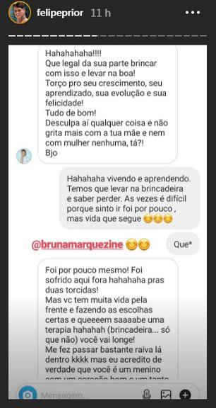 Felipe Prior e Bruna Marquezine conversam e atriz se desculpa