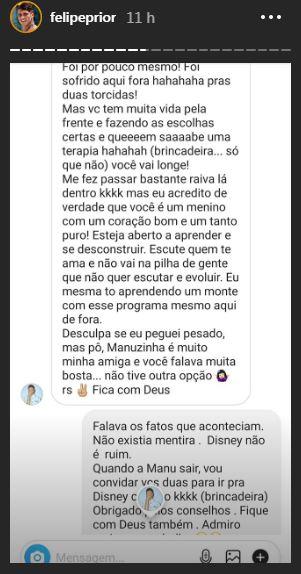 Felipe Prior e Bruna Marquezine conversam e atriz se desculpa