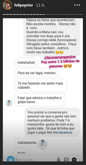 Felipe Prior e Bruna Marquezine conversam e atriz se desculpa