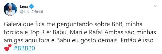 Lexa revela a sua torcida para o BBB 20