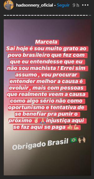 Hadson Nery comemora a eliminação e Marcela e desabafa sobre não ser machista