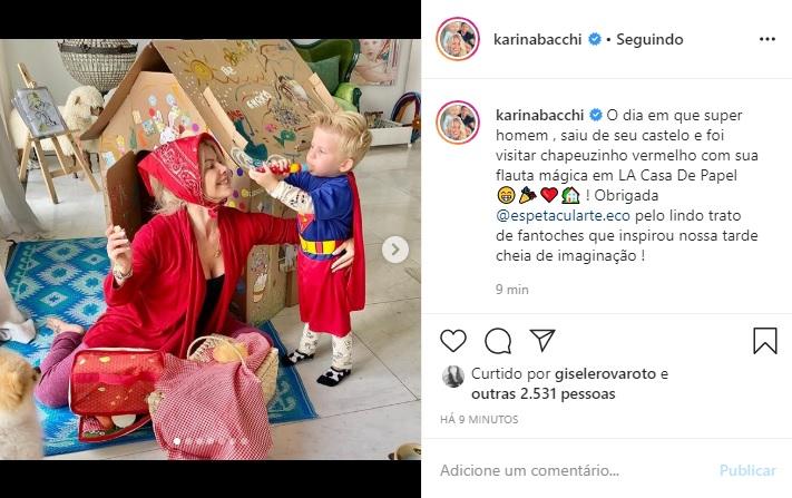 Karina Bacchi e Enrico aparecem fantasiados e encantam a web