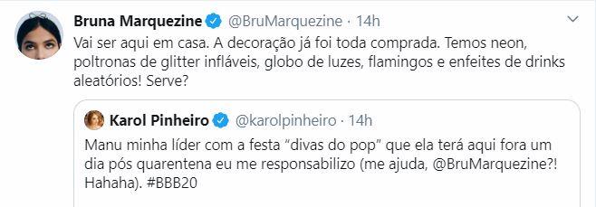 BBB 20: Bruna Marquezine garante que fará festa para Manu