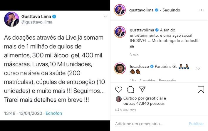 Gusttavo Lima agradece doações feitas por causa de sua live