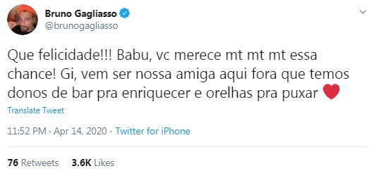 Bruno Gagliasso comenta saída de Gizelly do BBB20