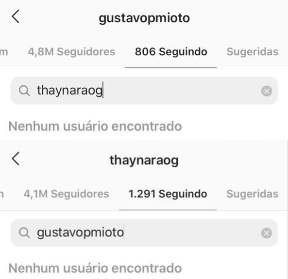 Thaynara OG e Gustavo Mioto não se seguem mais nas redes 