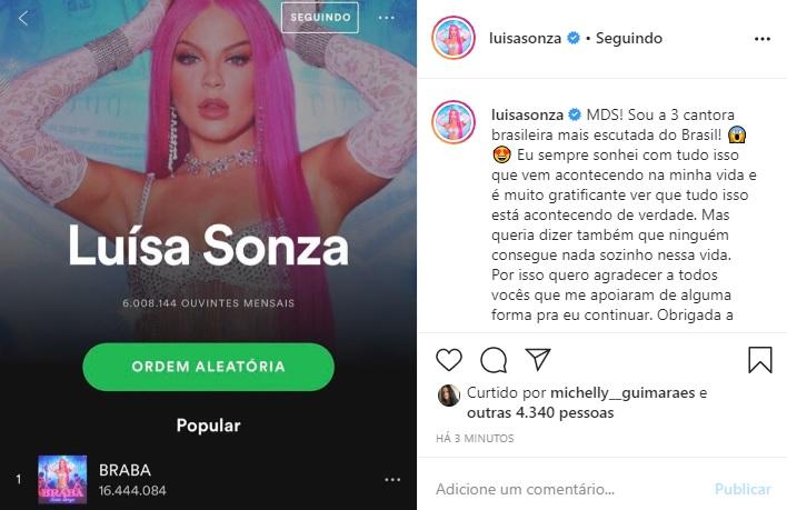 Luísa Sonza conquista mais um marco com a música Braba