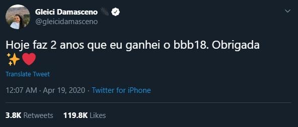 Gleici Damasceno celebra dois anos da vitória do BBB18