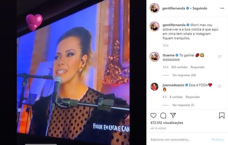 Fernanda Gentil surta ao ver Sandy dedicar música a ela durante live