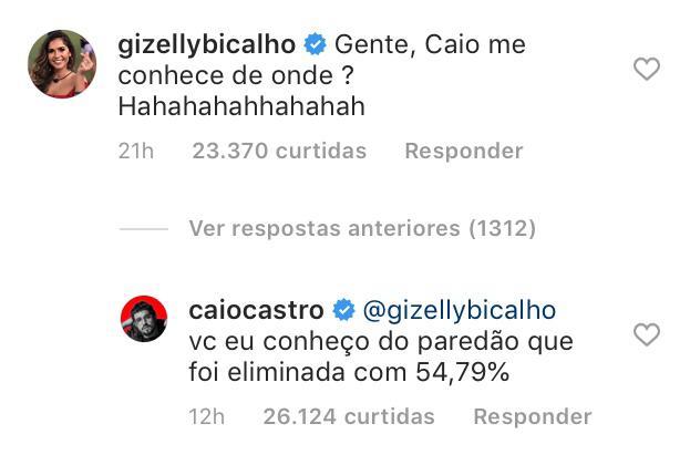 Gizelly Bicalho pergunta de onde Caio Castro a conhece e o ator responde