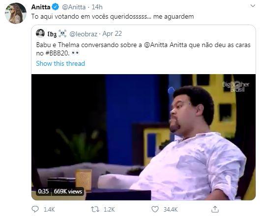 Anitta fala sobre o motivo de não ter aparecido em nenhuma festa do BBB20