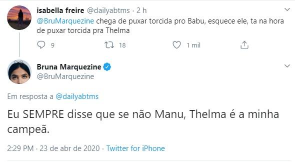 Bruna Marquezine revela para quem vai sua torcida além de Manu Gavassi