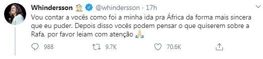 Whindersson Nunes defende Rafa e revela para quem está torcendo no BBB20