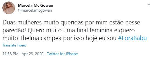 Marcela McGowan quer que Babu seja eliminado em paredão contra Rafa e Thelma