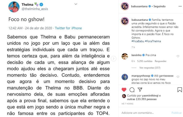 Perfil de Thelma vai contra Babu e página do ator reage