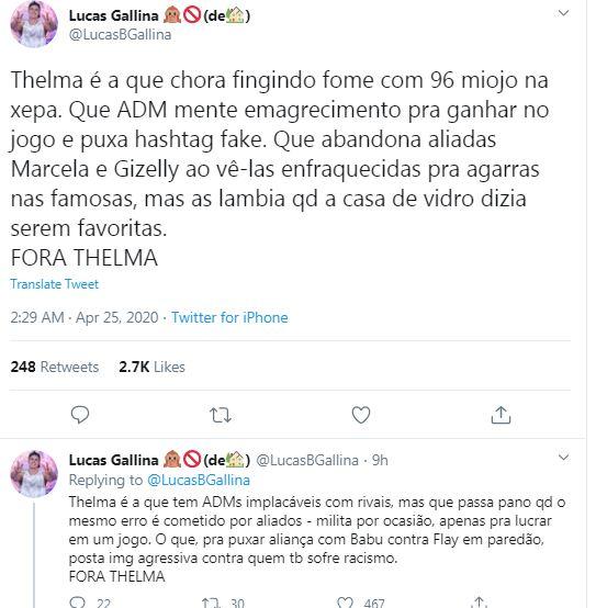 Lucas Gallina detona postura de Thelma no BBB20 