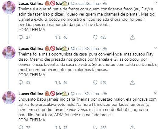 Lucas Gallina detona comportamento de Thelma no BBB20 e quer que sister seja eliminada