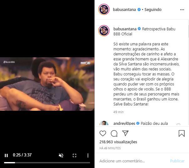 Babu Santana compartilha retrospectiva do BBB 20 e emociona