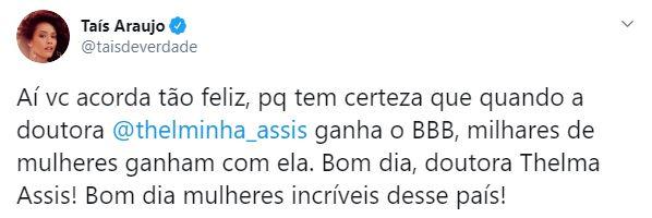 Taís Araujo conta que acordou feliz após a vitória de Thelma