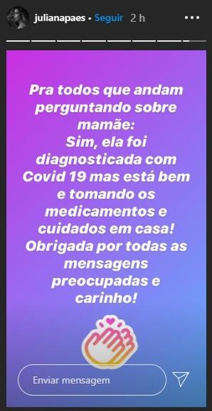 Juliana Paes confirma que a mãe foi diagnosticada com o novo coronavírus