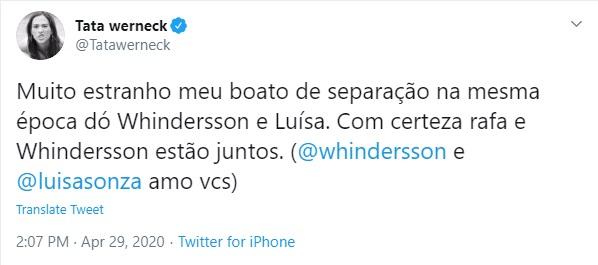 Tatá Werneck opina sobre separação de Luísa e Whindensson