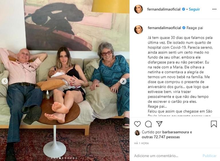 Fernanda Lima faz texto emocionante para o pai que está com coronavírus