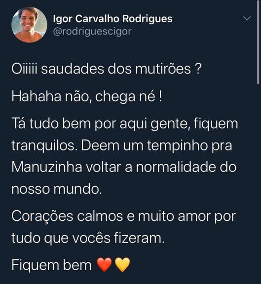 Igor Carvalho fala sobre sumiço de Manu Gavassi das redes