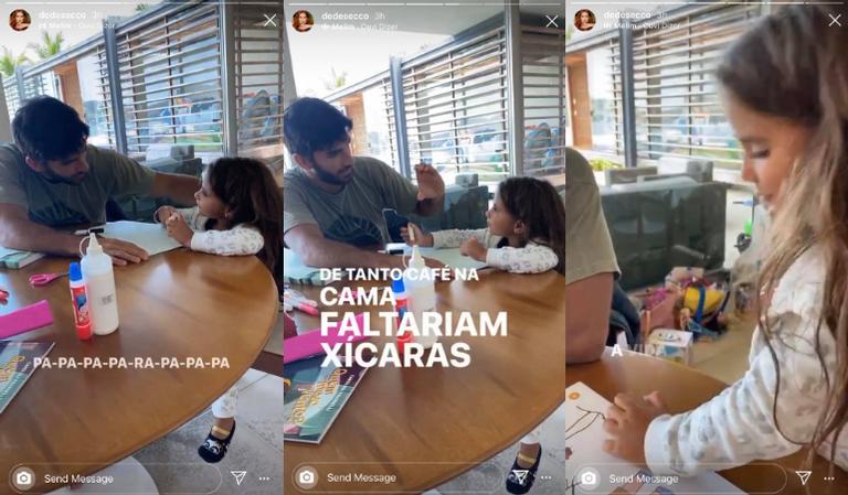 Deborah Secco registra conversa animada do marido e da filha