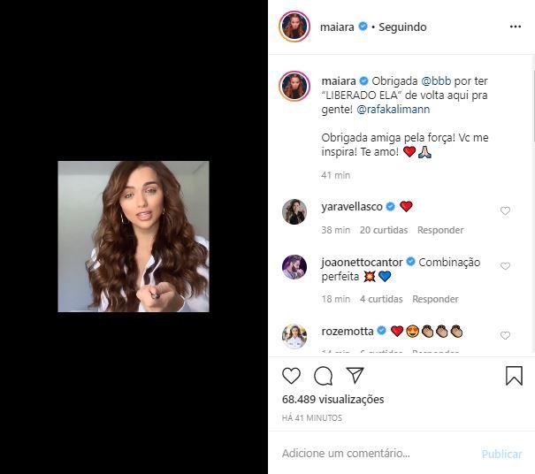 Maiara posta vídeo de Rafa Kalimann cantando sua música