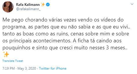 Rafa Kalimann confessa que chora ao ver vídeos do BBB20