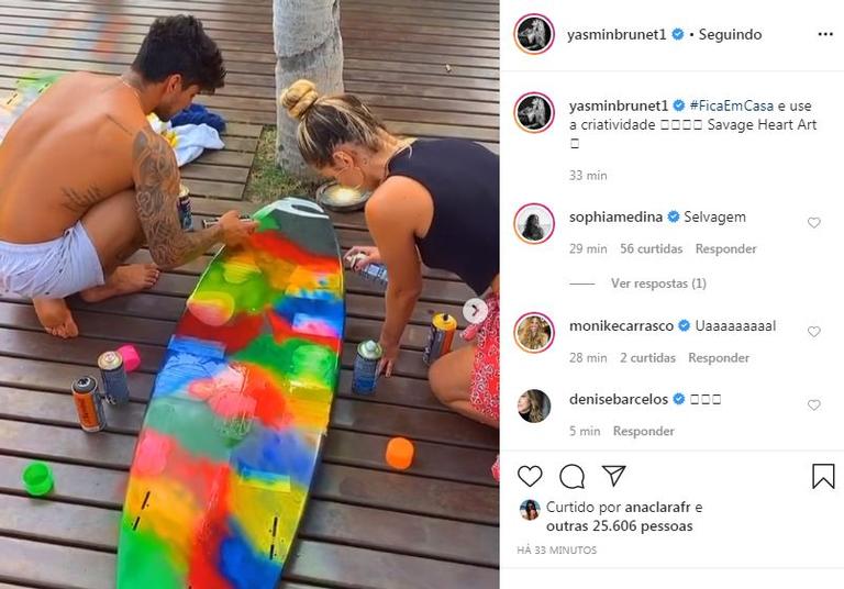 Yasmin Brunet e Gabriel Medina pintam prancha juntinhos em quarentena