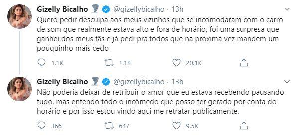 Ex-BBB Gizelly recebe carro de som dos fãs de madrugada