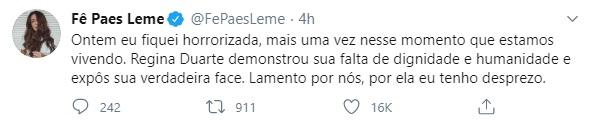 Fernanda Paes Leme usa as redes para criticar Regina Duarte