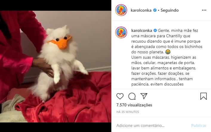 Karol Conka mostra máscara de prevenção de sua cachorra